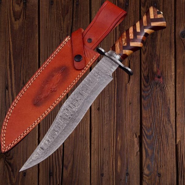 17"Handmade Damascus Steel Hunting Bowie Knife with Wood Handle - Image 2