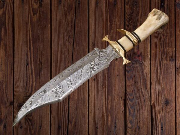 Damascus Steel Hunting Big Vintage Bowie Knife with Bone Handle